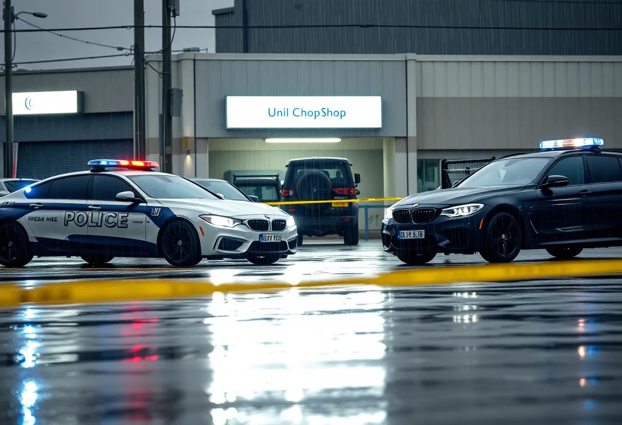 Police investigation at a chop shop in Aiken with rain