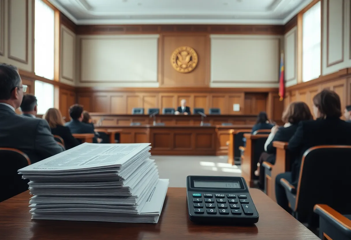 City council chamber prepared for a tax rate hearing with documents and dais