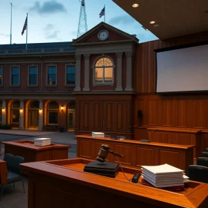 Municipal building exterior at dusk and empty city council chamber with dais, gavel, and stacked agendas