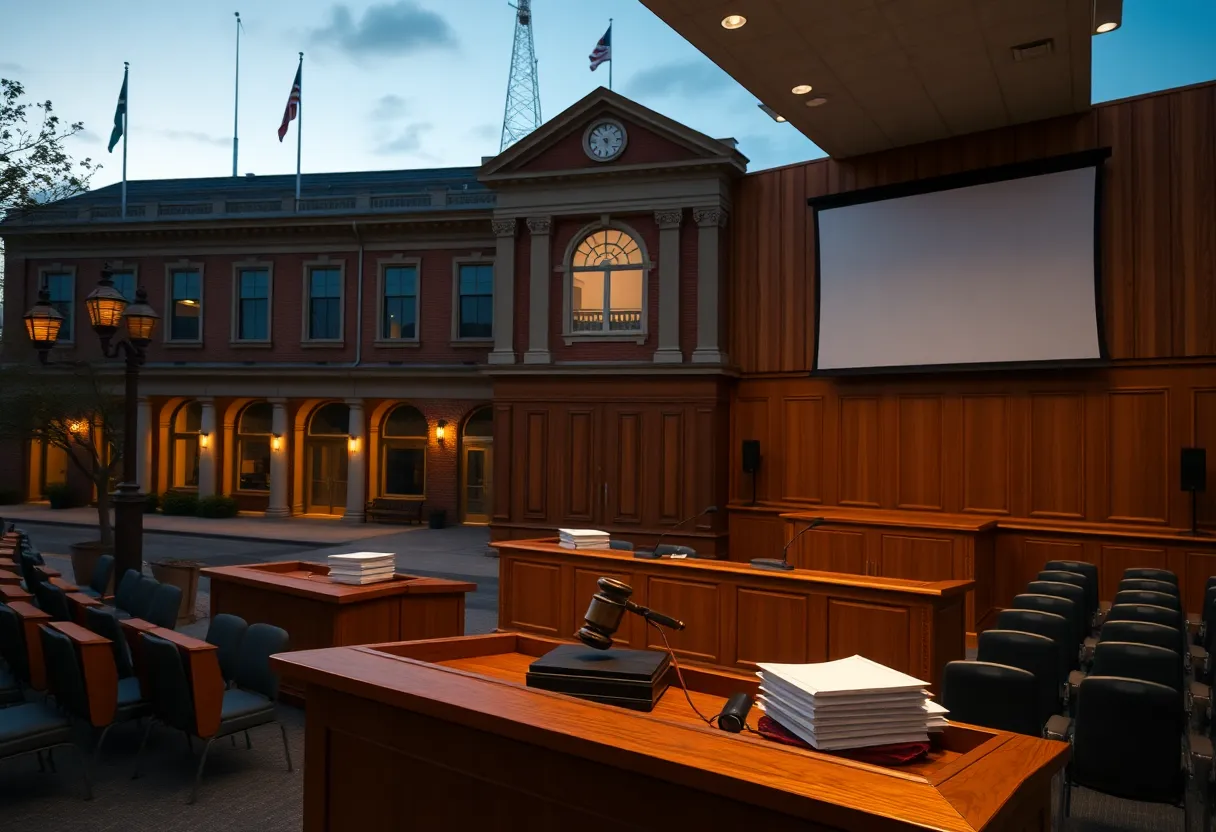 Municipal building exterior at dusk and empty city council chamber with dais, gavel, and stacked agendas