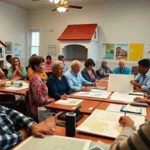 Community meeting with residents and nonprofit leaders discussing city budget and projects in Aiken