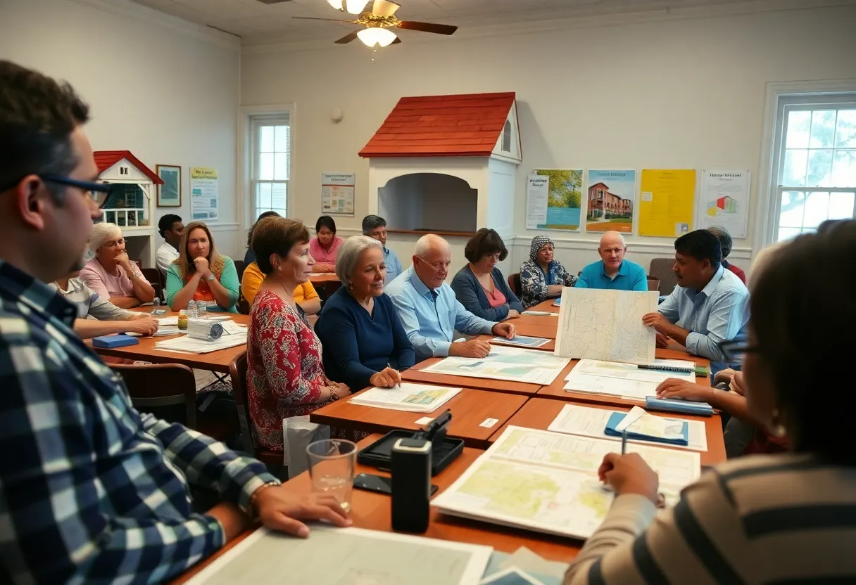 Downtown Aiken at dusk with city hall, storefronts and a community meeting with display boards