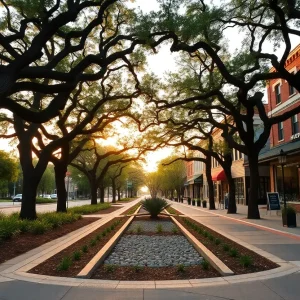 Downtown Aiken parkway with mature trees, bioretention and repaired sidewalks