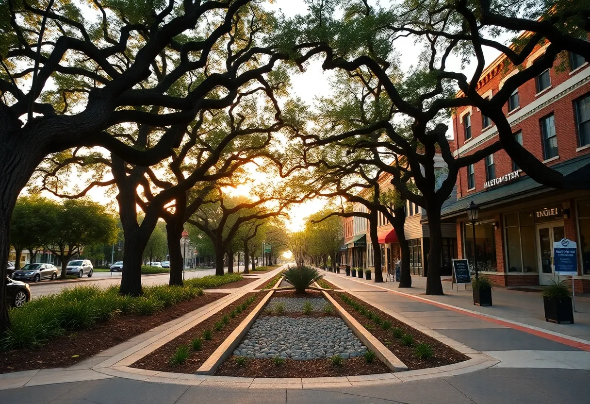 Downtown Aiken parkway with mature trees, bioretention and repaired sidewalks