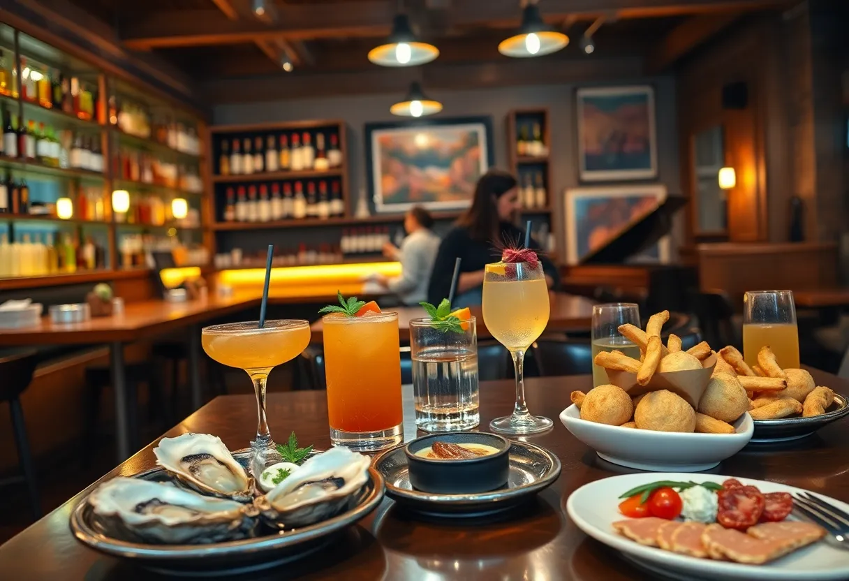 Assorted craft cocktails and small plates displayed on a cozy bar in Aiken