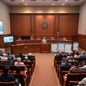 Municipal meeting room with council dais and public survey boards displaying development plans