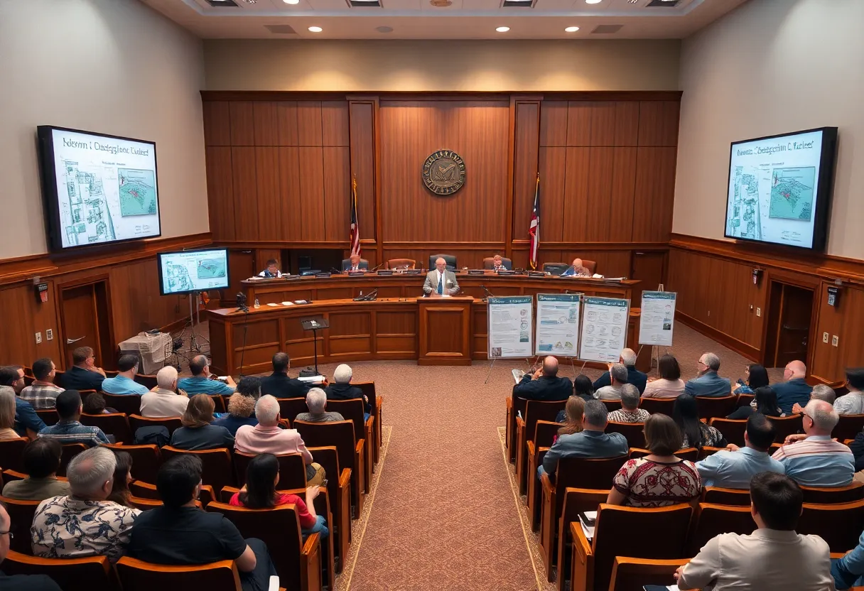 Municipal meeting room with council dais and public survey boards displaying development plans