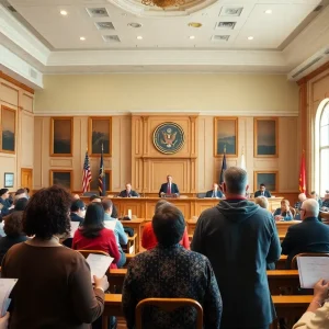 Citizens presenting petitions at a city council meeting in a council chamber