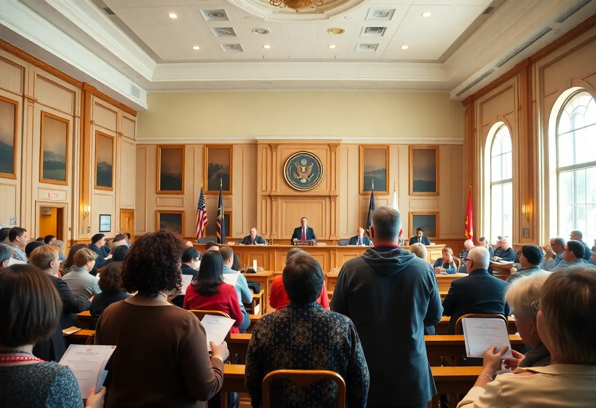Citizens presenting petitions at a city council meeting in a council chamber