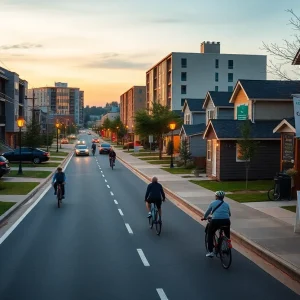 Downtown Aiken street with new housing, bike lane and mixed-use buildings at dusk