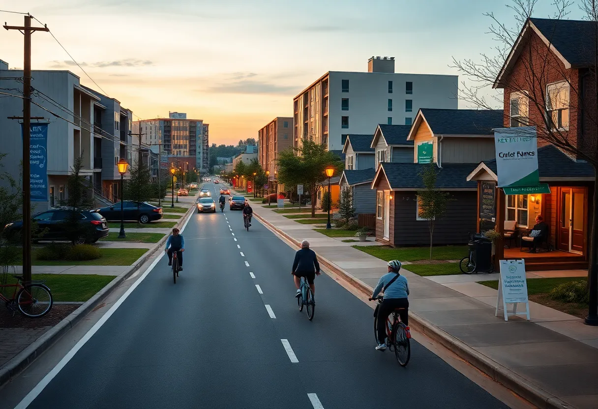 Downtown Aiken street with new housing, bike lane and mixed-use buildings at dusk