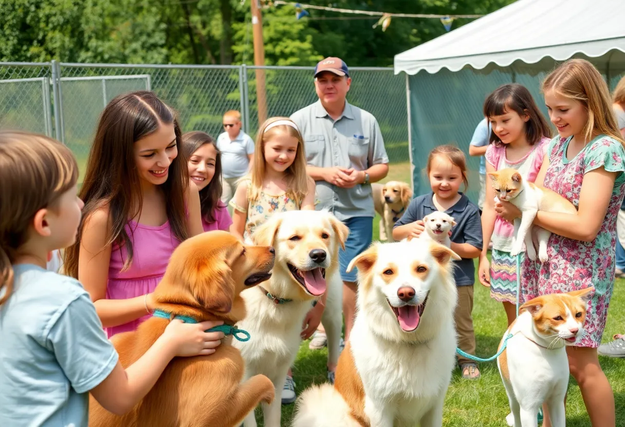 People interacting with pets at the Aiken County Animal Shelter adoption event.