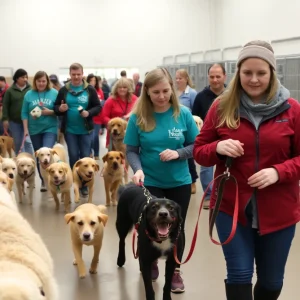 Volunteers walking dogs at Aiken County Animal Shelter