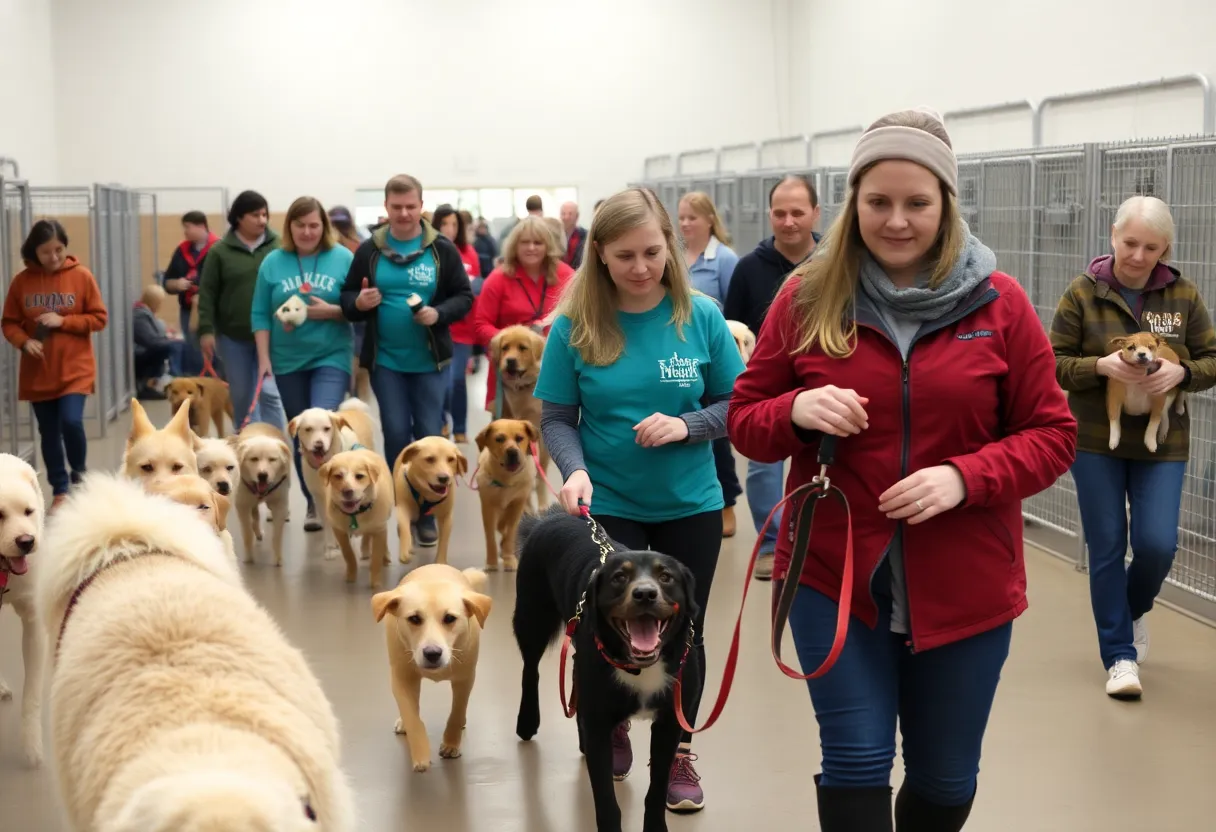 Volunteers walking dogs at Aiken County Animal Shelter