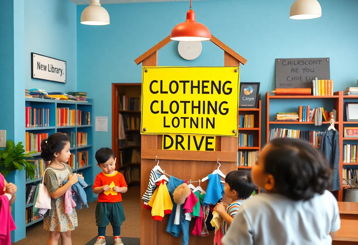 Families donating clothing at the Aiken County Library.