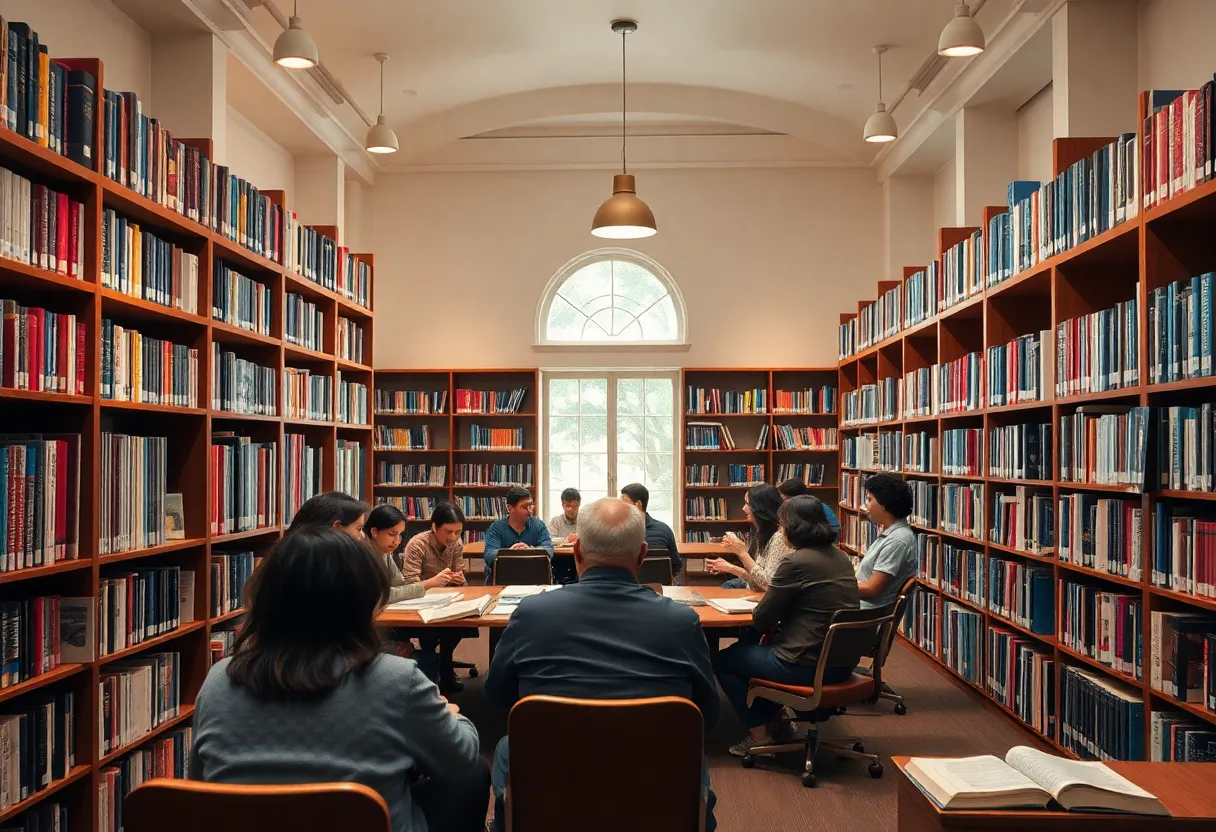 Community members discussing books in a library setting