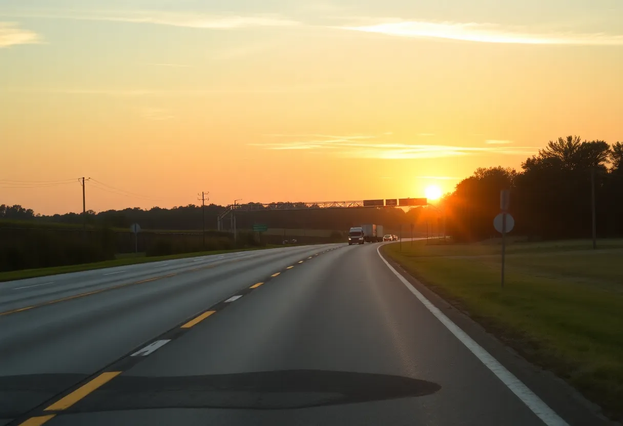 Road in Aiken County during sunset, symbolizing road safety.
