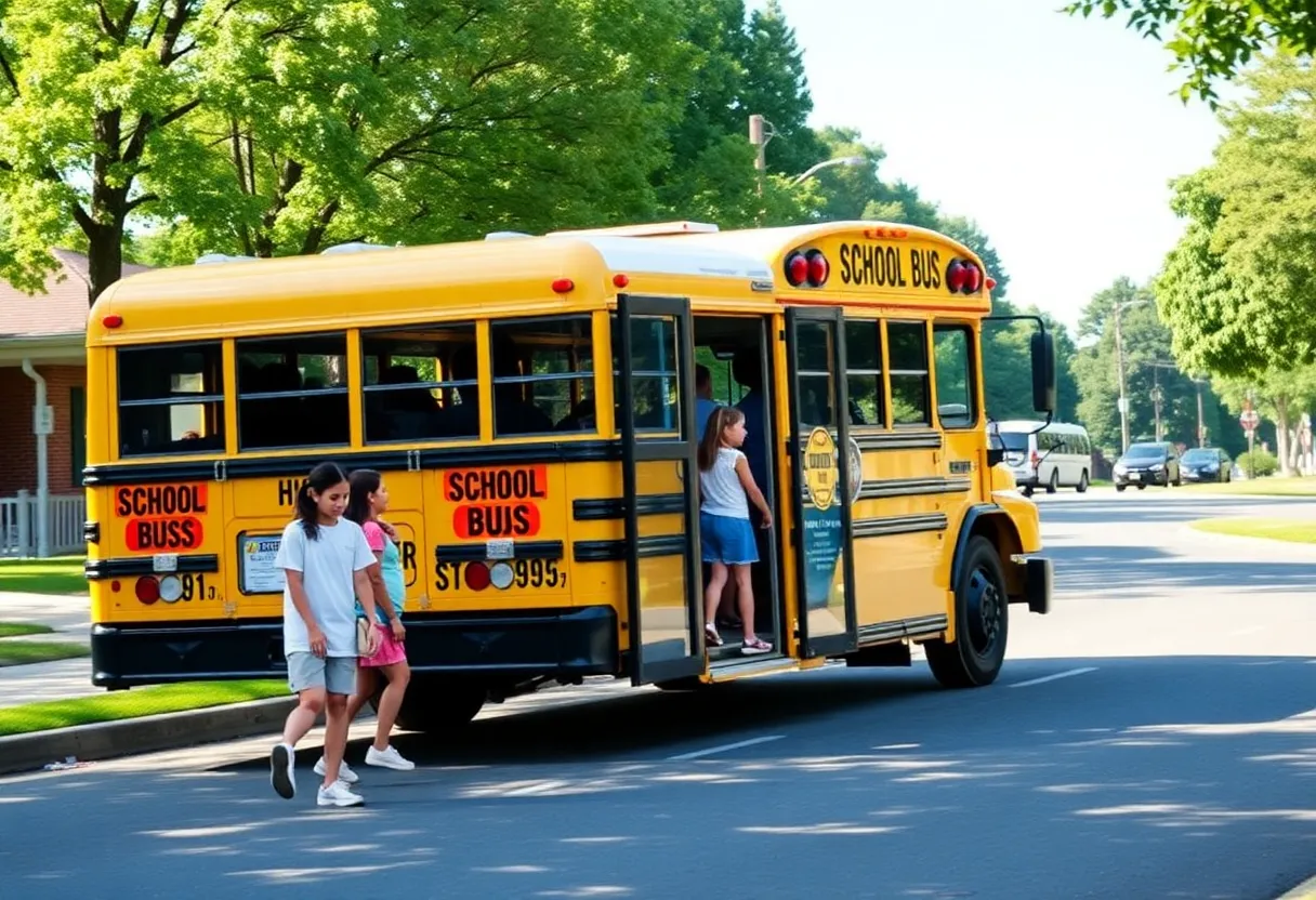 A school bus with children boarding, representing Aiken County Schools safety measures.