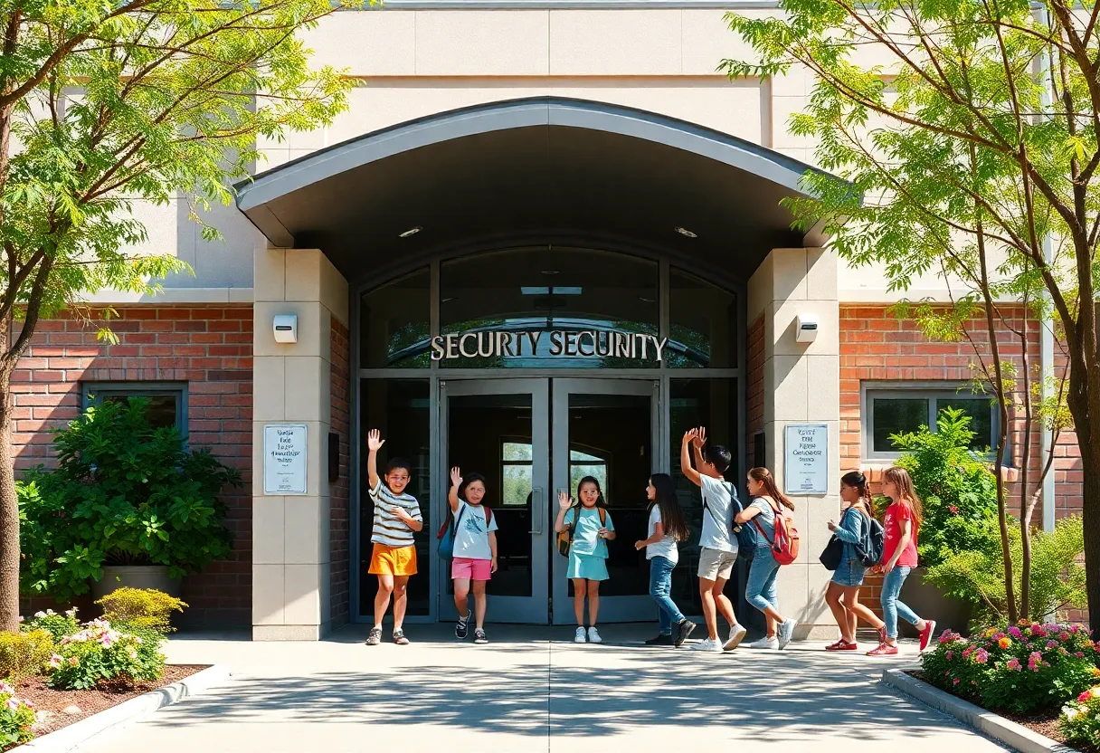 New security vestibule at Aiken County school with students