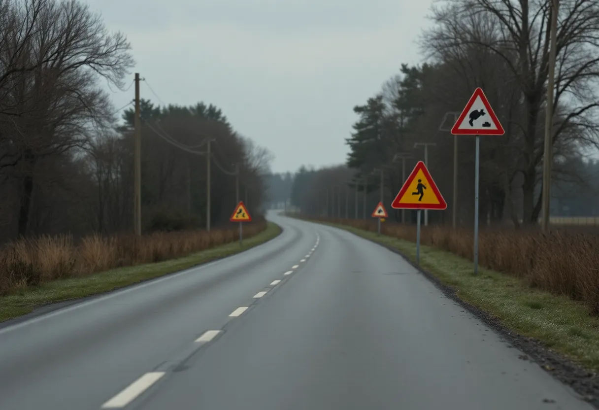 Traffic safety signs on a rural road in Aiken County