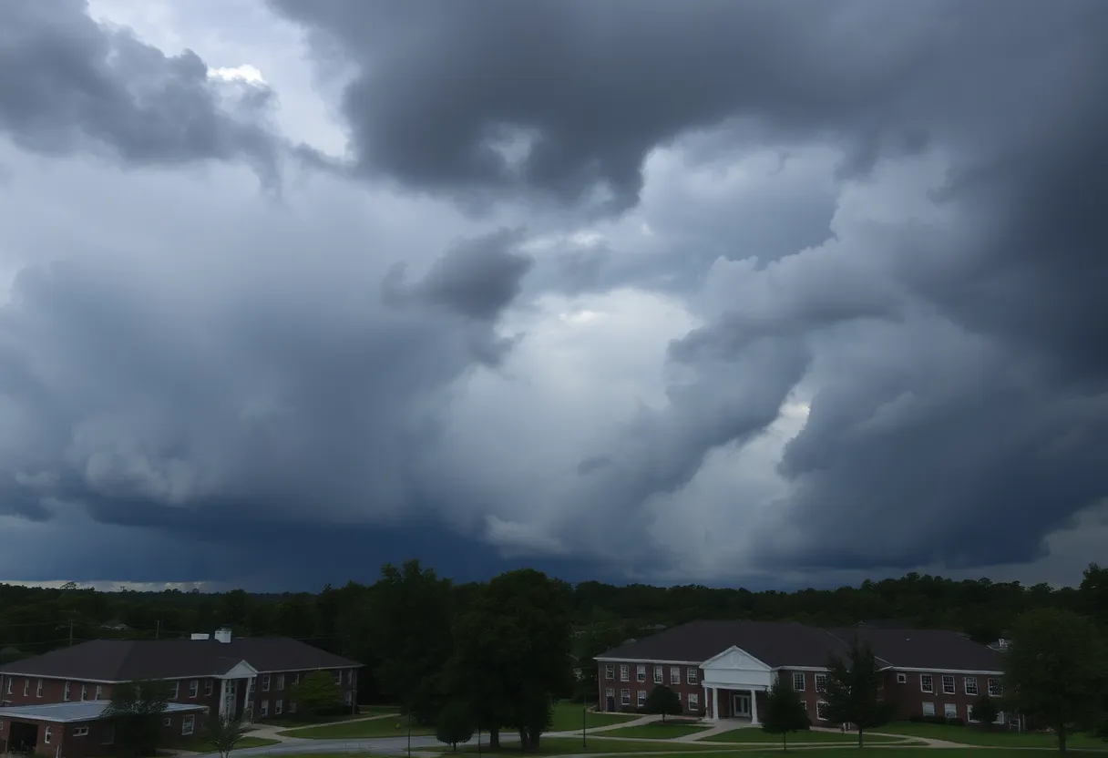 Aiken County scene with dark clouds indicating weather advisory