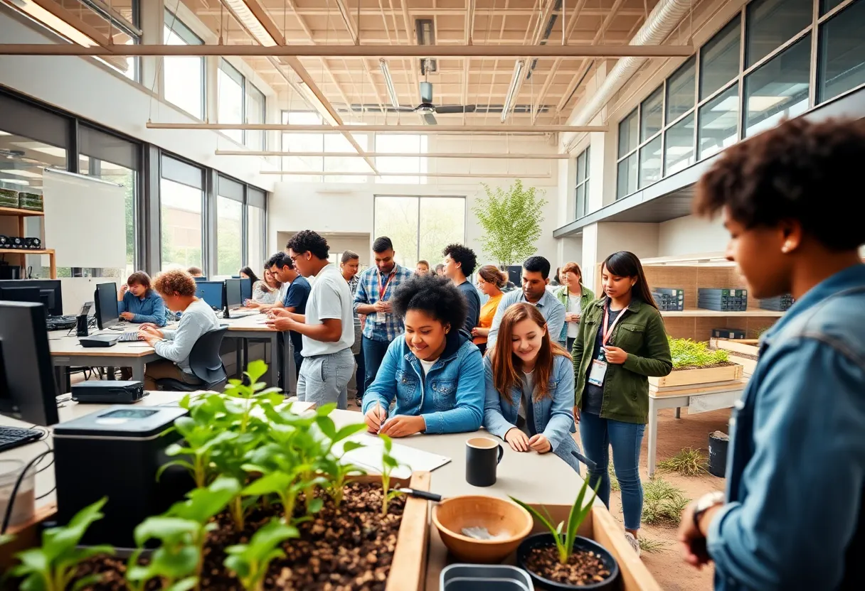 High school students collaborating in career-technical labs and internship settings with mentors and modern equipment