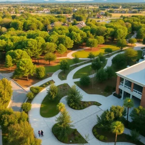 Residential homes and a mixed-use building adjacent to Hitchcock Woods with tree-lined sidewalks and walking paths.