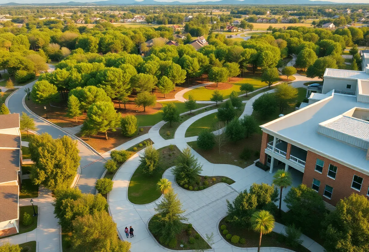 Residential homes and a mixed-use building adjacent to Hitchcock Woods with tree-lined sidewalks and walking paths.