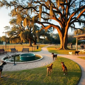 Dogs playing at Aiken Dog Park among oak trees and trails with a café patio in the background