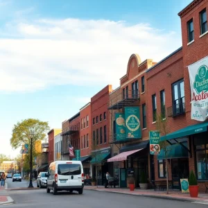 Downtown Aiken street with mixed-use redevelopment, small shops and workforce housing construction