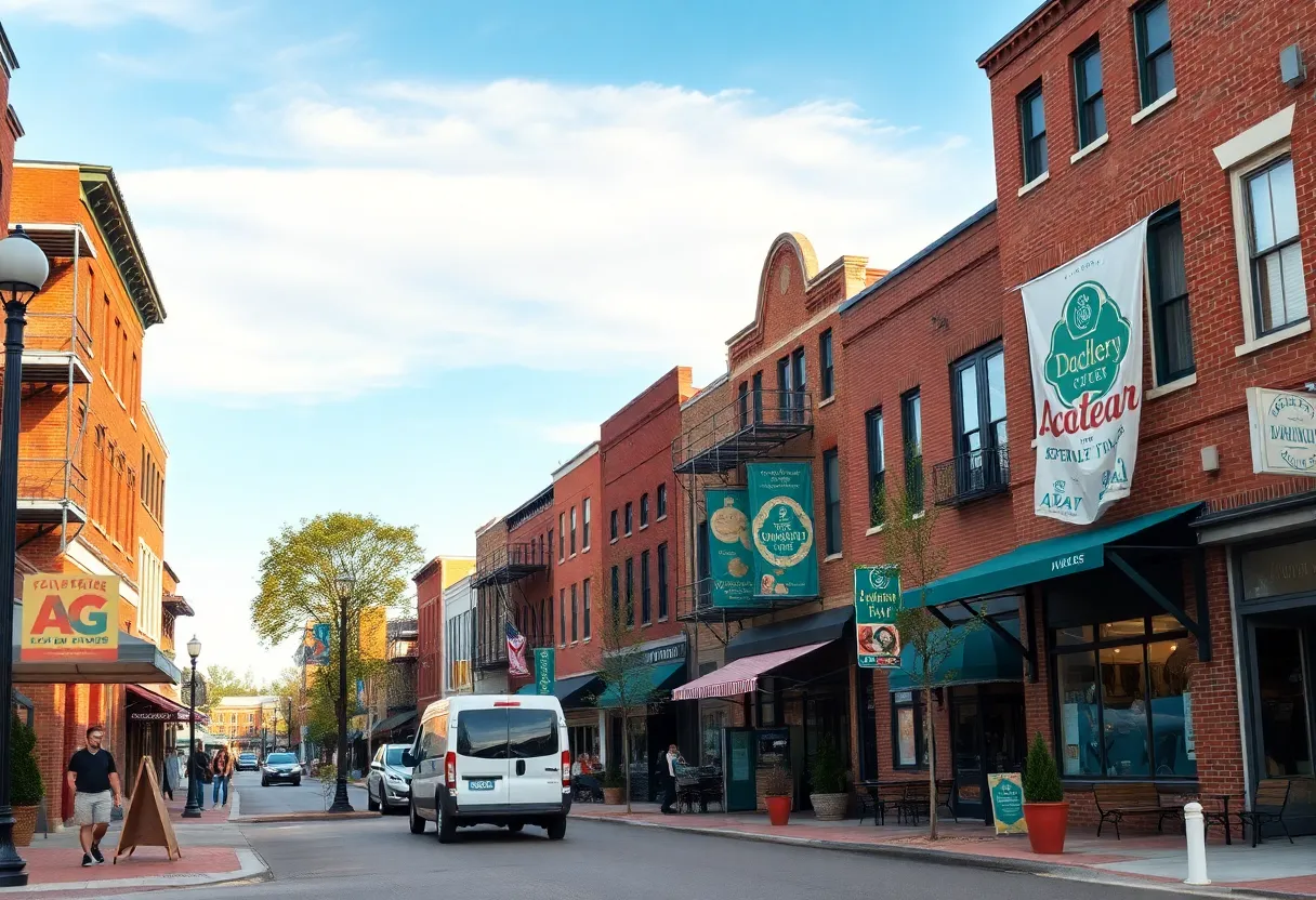 Downtown Aiken street with mixed-use redevelopment, small shops and workforce housing construction