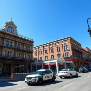 Historic Hotel Aiken under restoration with adjacent downtown storefronts and light construction activity