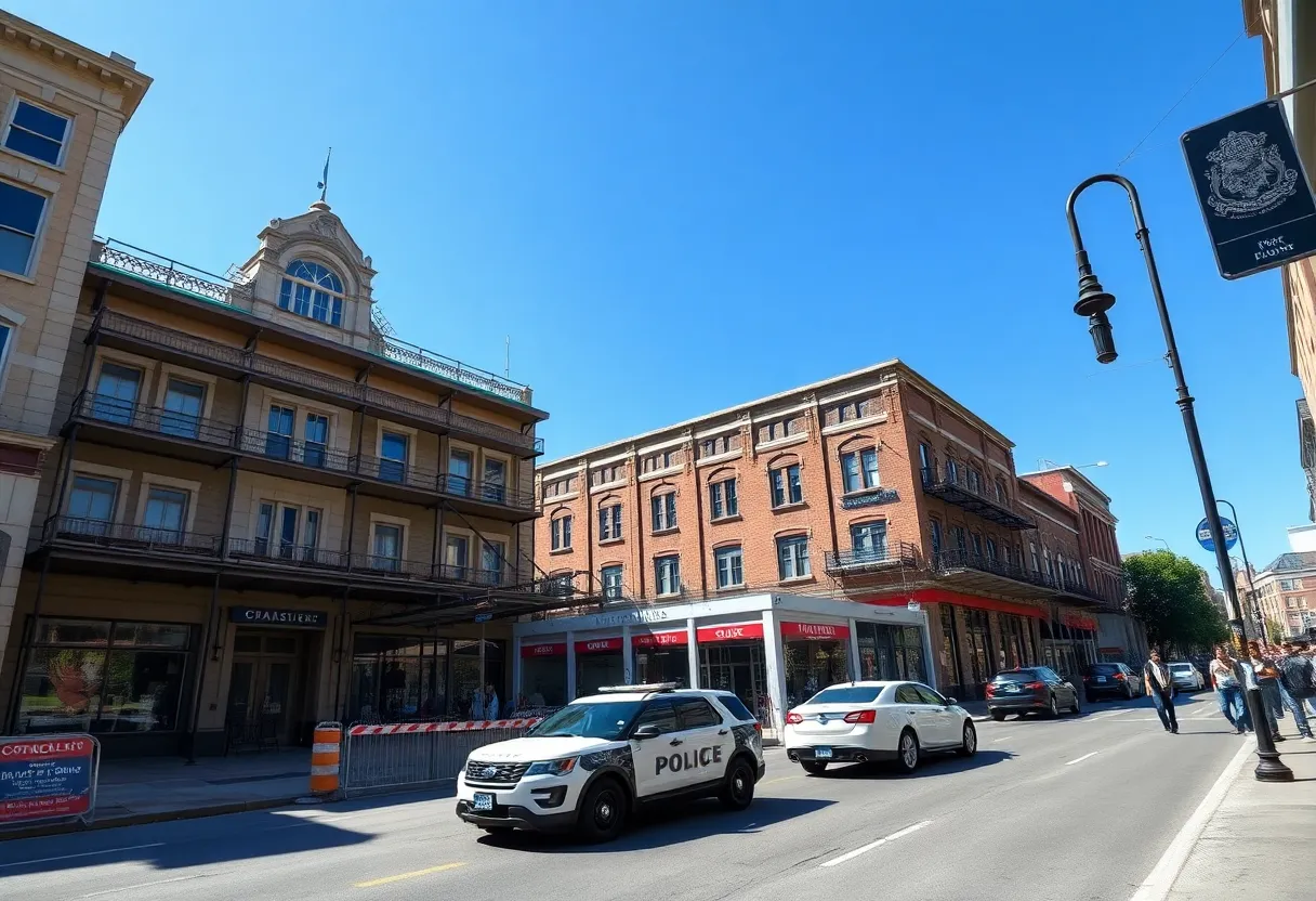 Historic Hotel Aiken under restoration with adjacent downtown storefronts and light construction activity