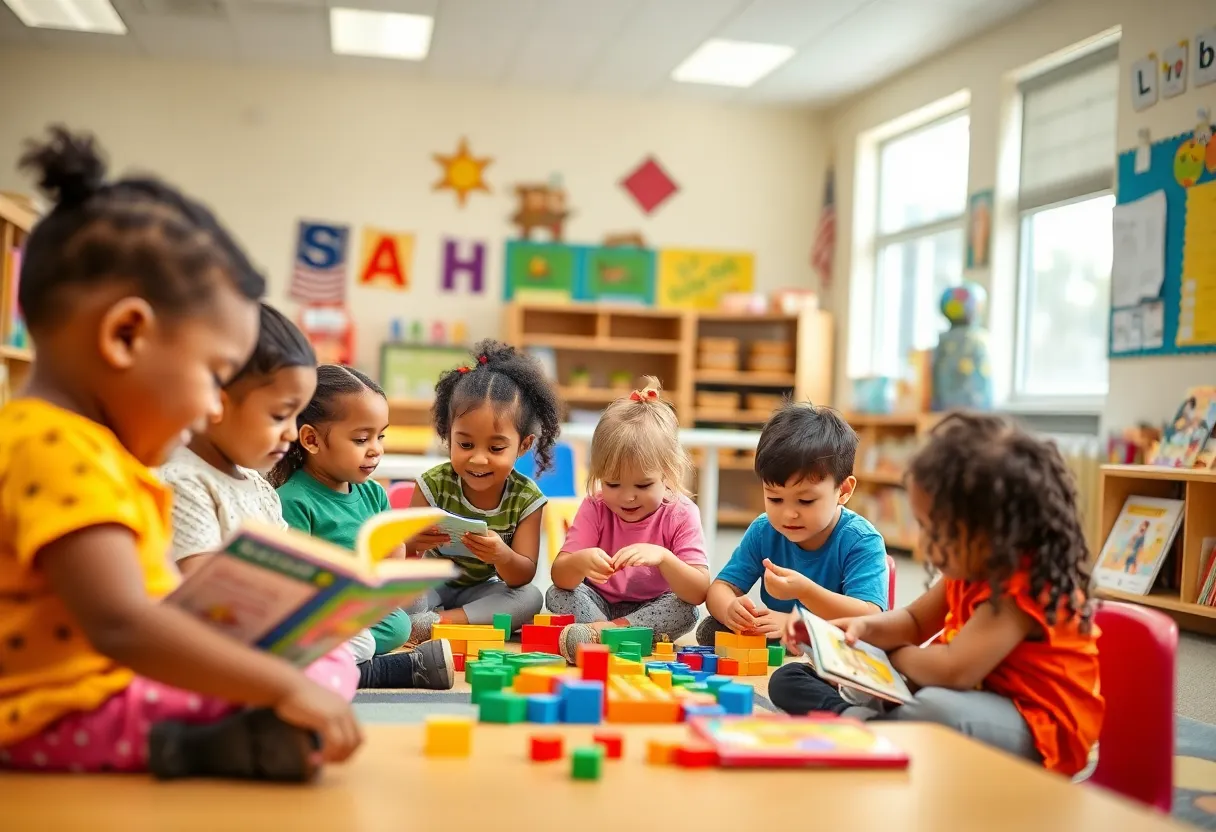 Diverse preschool children reading and playing in a bright early childhood classroom