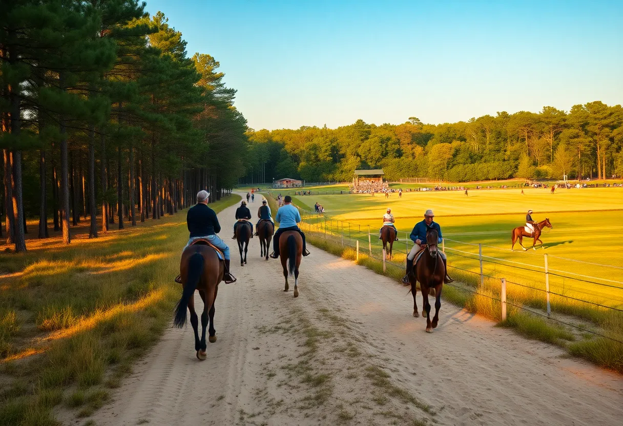 Riders on horseback on a sandy trail through forest with a polo field and spectators visible in the distance in Aiken, South Carolina