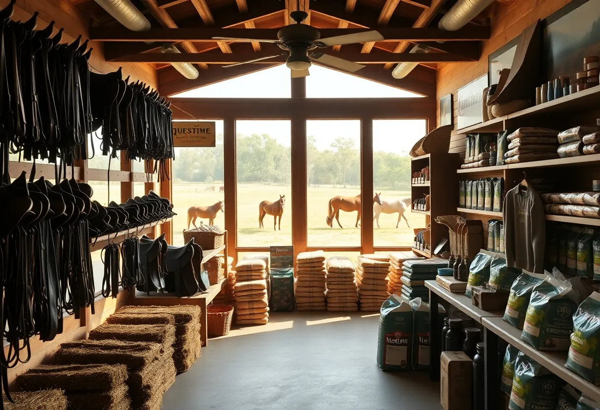 Interior of equestrian supply shop with saddles, bridles, hay bales and feed sacks, with pastures visible through windows
