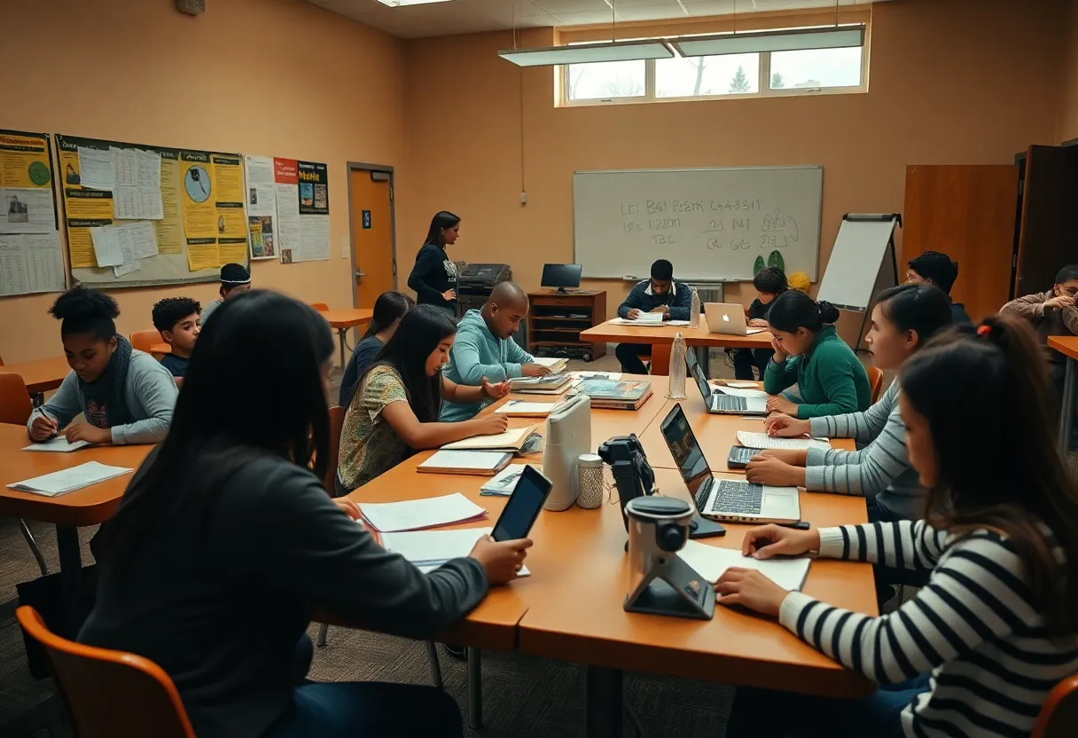 Students and tutors working in small groups at an evening tutoring session in a community center in Aiken.