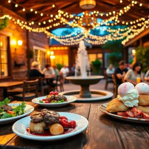 Cozy family-run Aiken restaurant courtyard with fairy lights, fountain, and Southern dishes on wooden tables