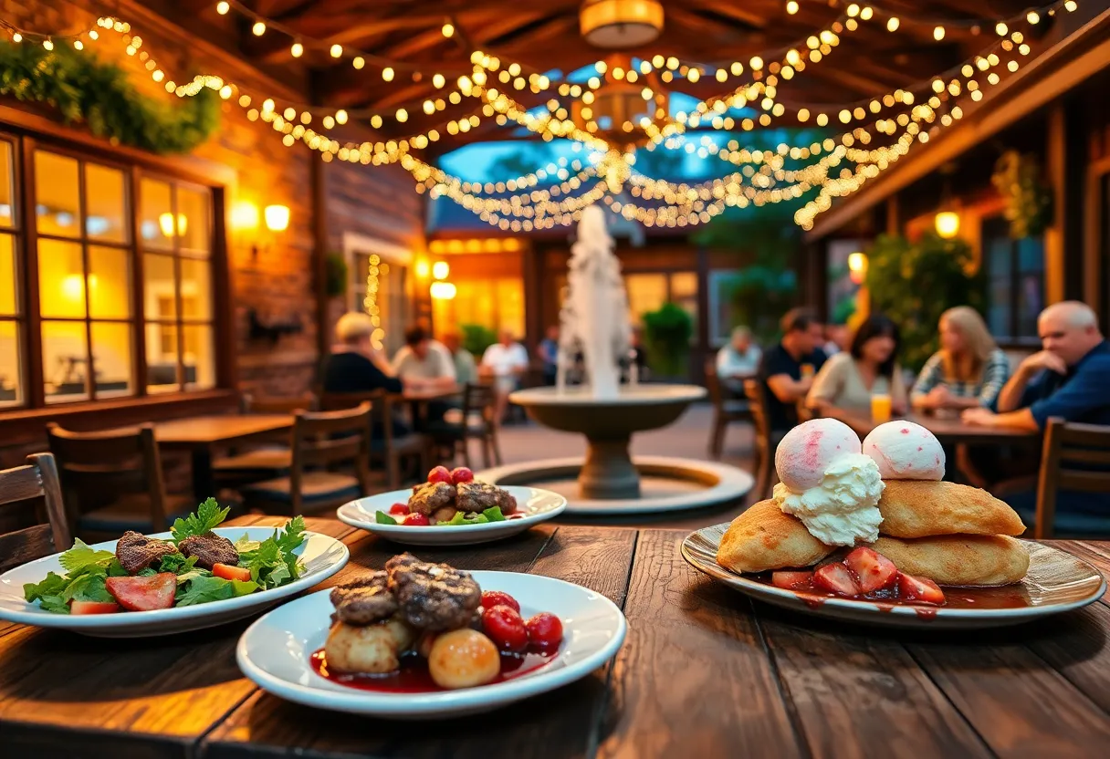 Cozy family-run Aiken restaurant courtyard with fairy lights, fountain, and Southern dishes on wooden tables