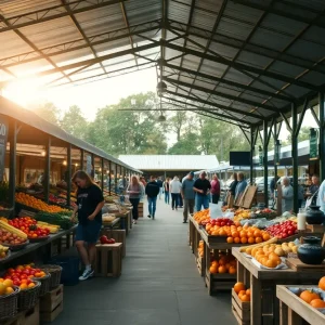 Morning at Aiken County Farmers Market with produce, baked goods, and artisan stalls