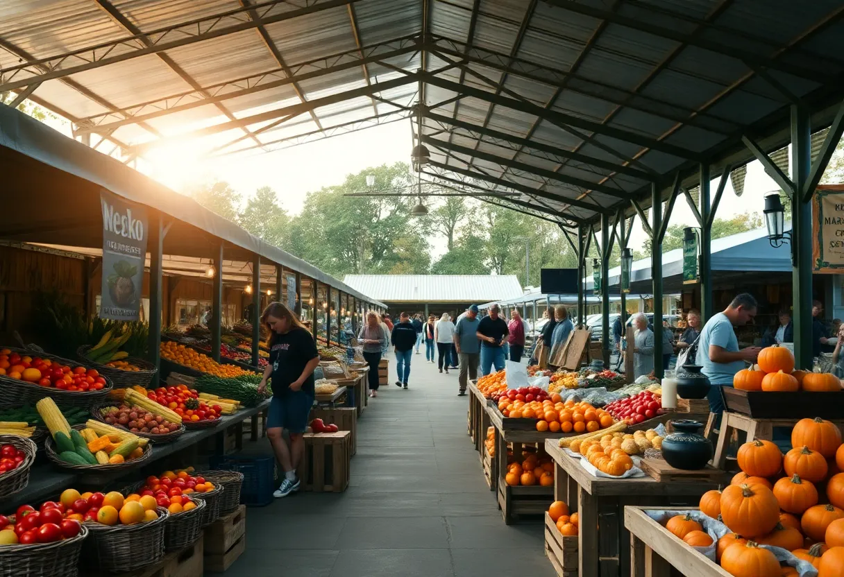 Morning at Aiken County Farmers Market with produce, baked goods, and artisan stalls