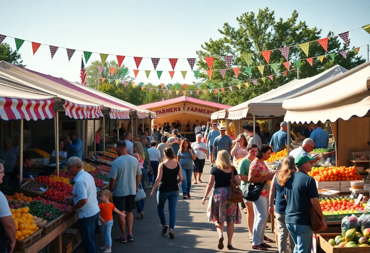 Aiken County Farmers Market stalls with fresh produce and ready-to-eat food vendors at midday