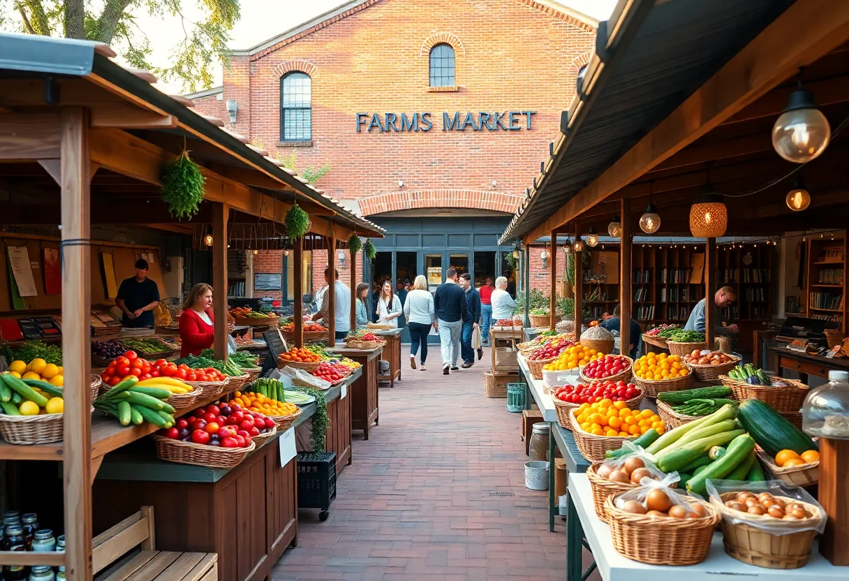 Aiken County Farmers Market stalls with fresh produce and shoppers on a sunny morning