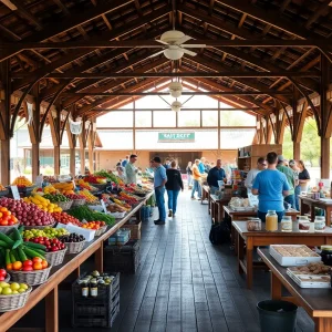 Open-air pavilion at Aiken County Farmers Market with vendors and fresh produce