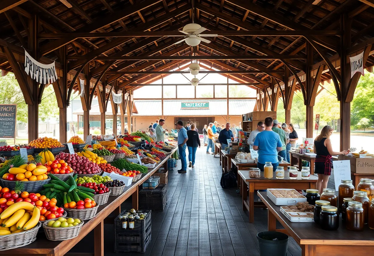 Open-air pavilion at Aiken County Farmers Market with vendors and fresh produce