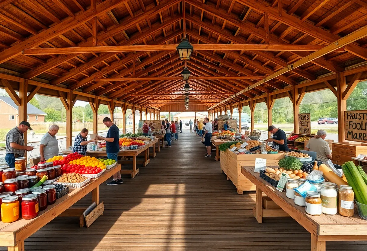 Covered pavilion farmers market with stalls of produce and shoppers in Aiken, SC