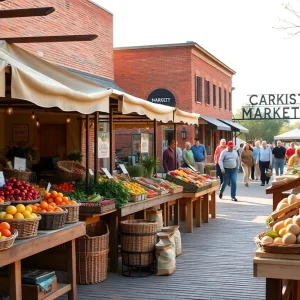Outdoor farmers market stalls with fresh produce, baked goods, jars of honey and shoppers on a sunny morning