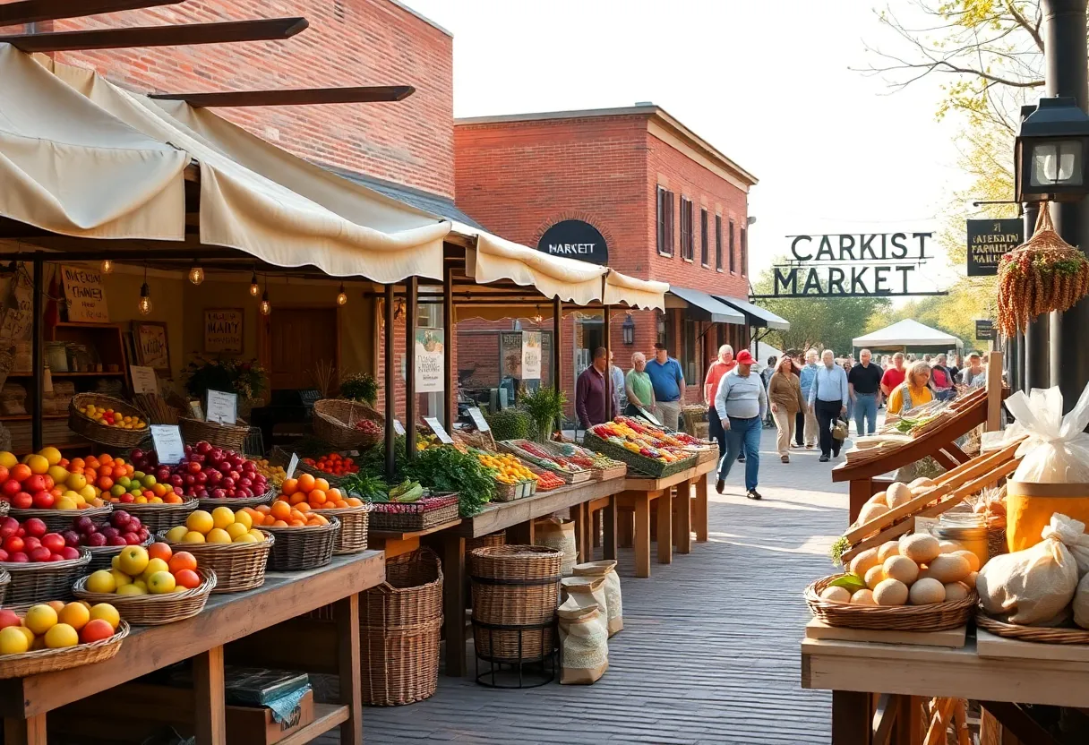 Outdoor farmers market stalls with fresh produce, baked goods, jars of honey and shoppers on a sunny morning
