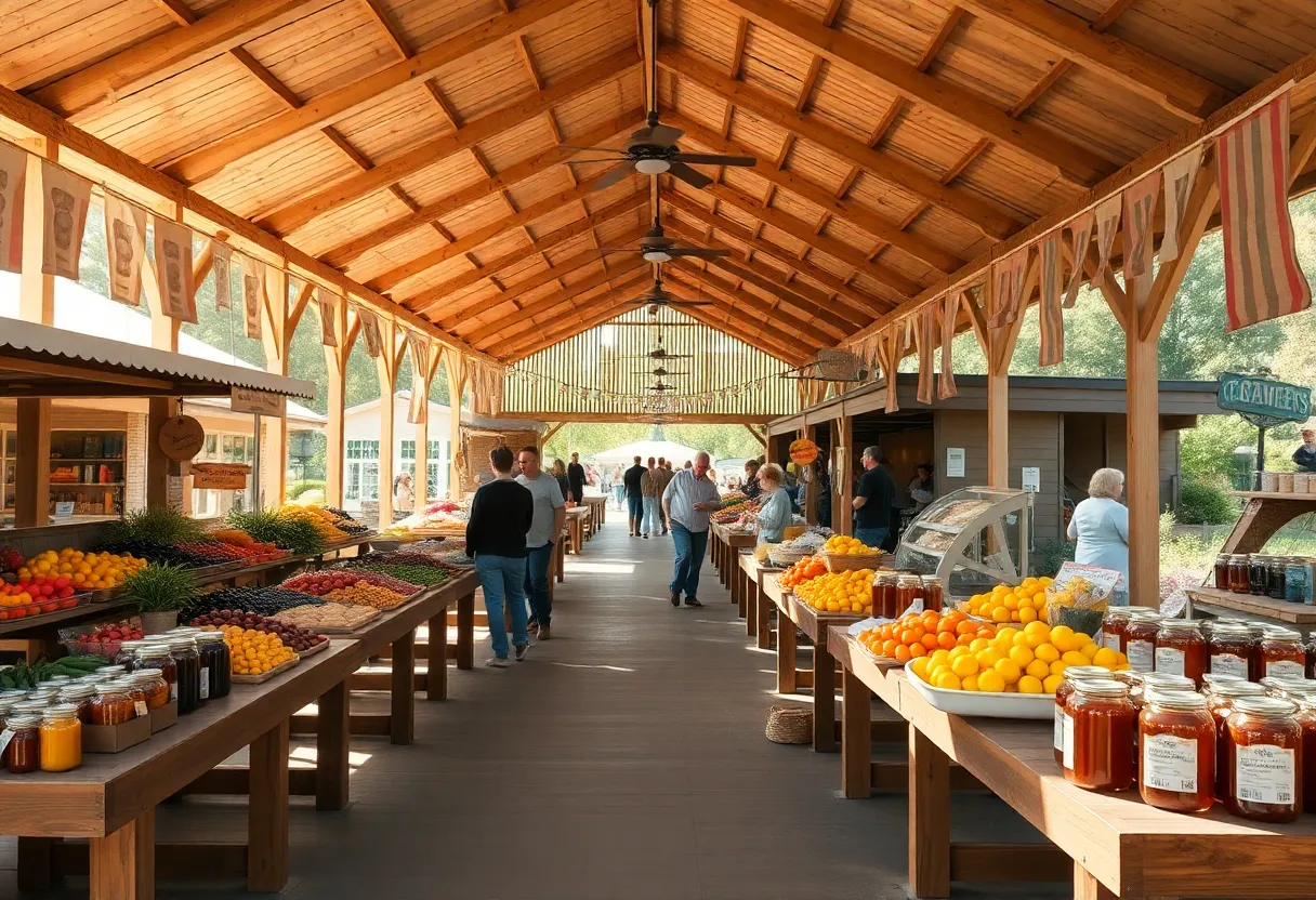 Morning farmers market with produce stalls, tents and shoppers in front of a historic brick building in Aiken, SC
