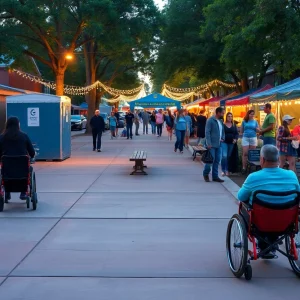 Festival scene in Aiken with accessible paved paths, benches, wheelchair users and gentle holiday lights in the background